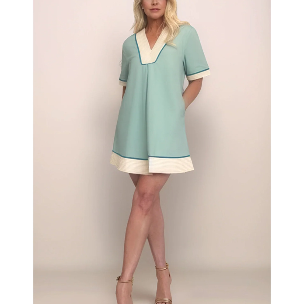 Womens Mint Green Cotton Poplin Tunic Dress V Neck Half Sleeve w/ Pockets Small